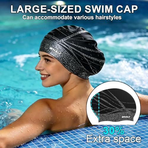 Whale Extra Large Black Swim Cap for Long Hair, Afro & Extensions – Waterproof & Comfortable
