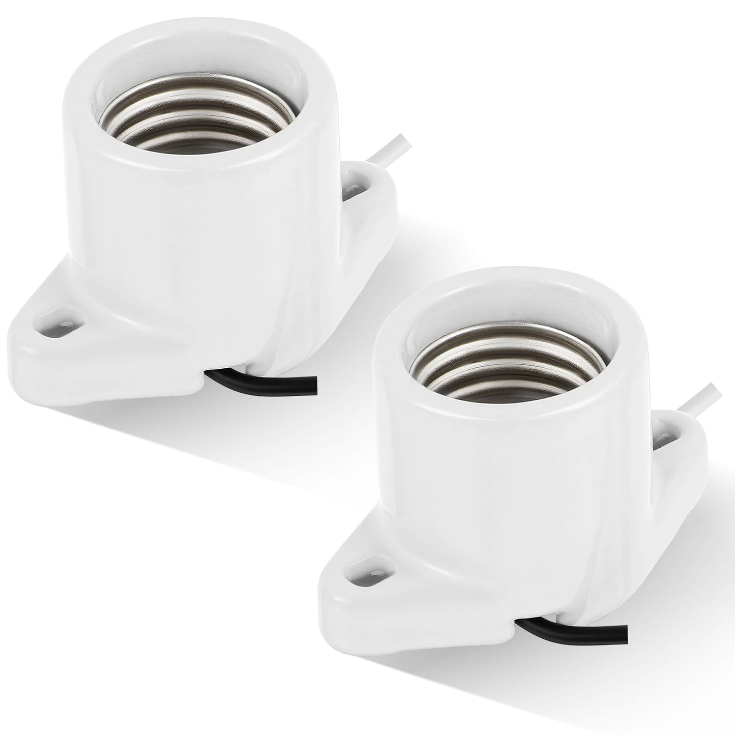 Saysurey 2 Pcs E26 Light Socket Porcelain Lamp Holder Socket Medium Keyless Threaded Base with Two Hole Flange Mounting and 6" Wire Indoor Garage Closet Lighting