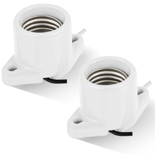 Saysurey 2 Pcs E26 Light Socket Porcelain Lamp Holder Socket Medium Keyless Threaded Base with Two Hole Flange Mounting and 6" Wire Indoor Garage Closet Lighting