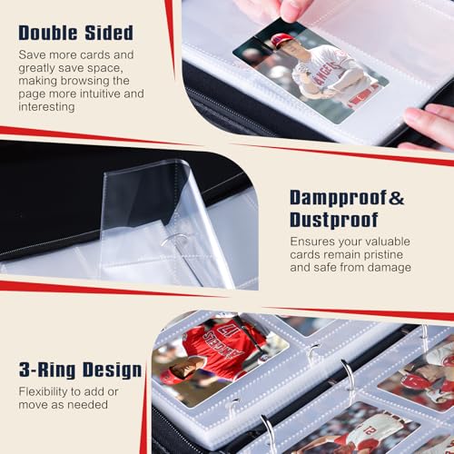 efunny Baseball Red 400-Pocket Card Binder with 50 Removable Sleeves – Waterproof 9x7in, 4 Pocket Organizer for Baseball Cards