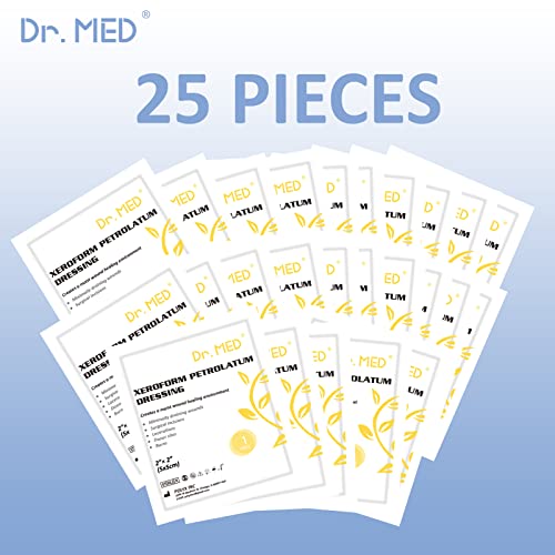 Dr.Med Xeroform Petrolatum Dressing Patch 2x2 in - 25 Pcs Box, Non-Adherent Gauze for Minor Burns & Wounds