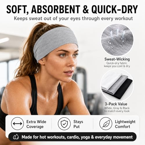 Extra Wide Headbands for Women - 3 Pack in Black, White & Gray