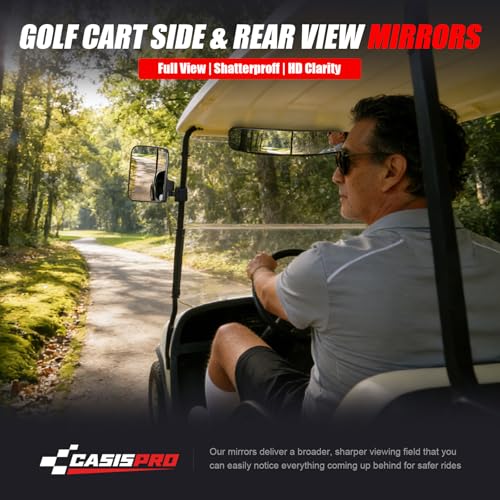 CASISPRO Universal Golf Cart Mirrors with No Drilling, 180° Adjustable Rearview & Side Mirrors, HD Shatterproof Glass for EZGO Club Car Yamaha