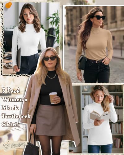 Ficerd 3-Pack Women Mock Turtleneck Tops, Long Sleeve XS-XXL (X-Large) Black White Mocha