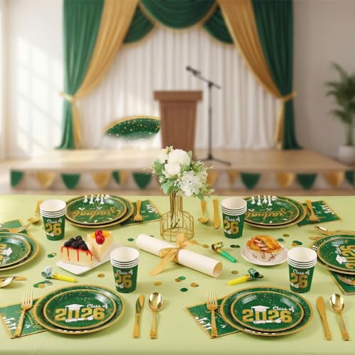 Green and Gold Graduation Plates and Napkins Set - Serves 24
