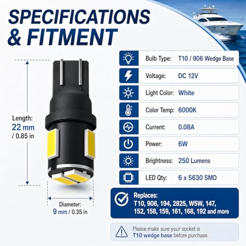 906 LED Boat Bulbs - T10 Wedge Base, 12V White 6000K, Pack of 4