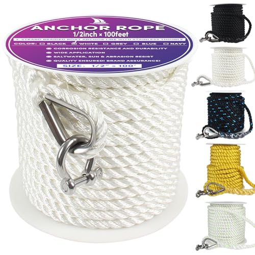 VEITHI 1/2in x 100ft Boat Anchor Rope with Stainless Thimble & Shackle White, 3-Strand Marine Line