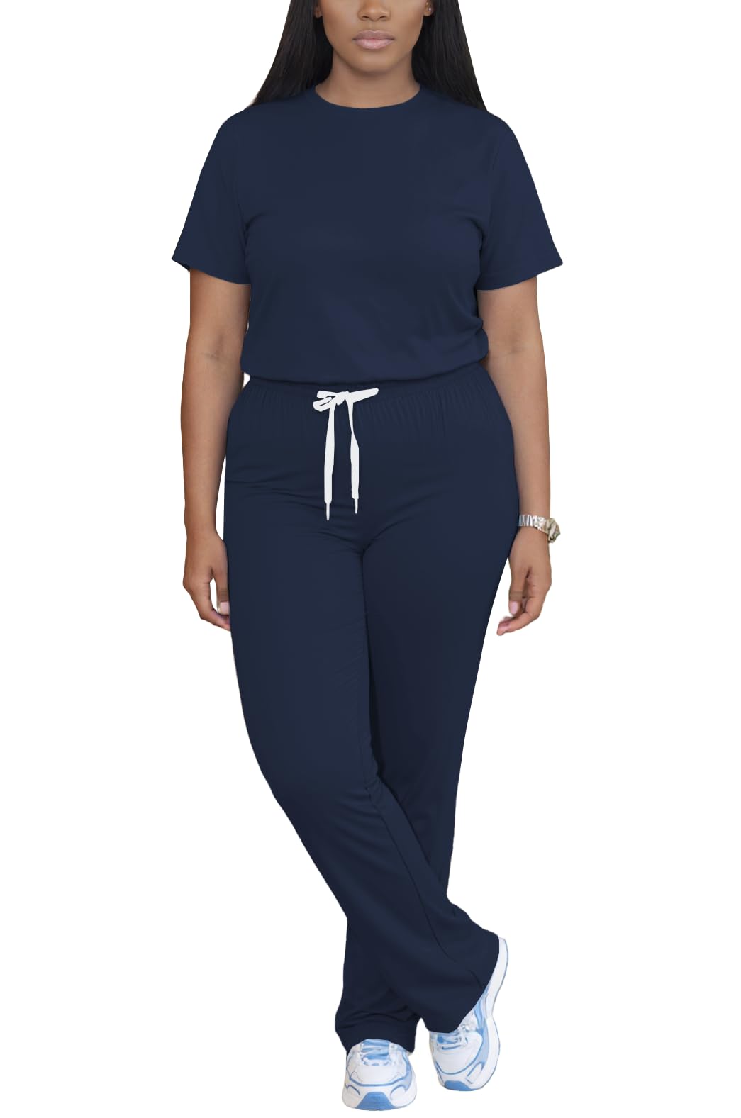 PINSV Women 2 Piece Outfits Short Sleeve Tops and Long Pants Tracksuit Workout Lounge Sets Navy Blue XL