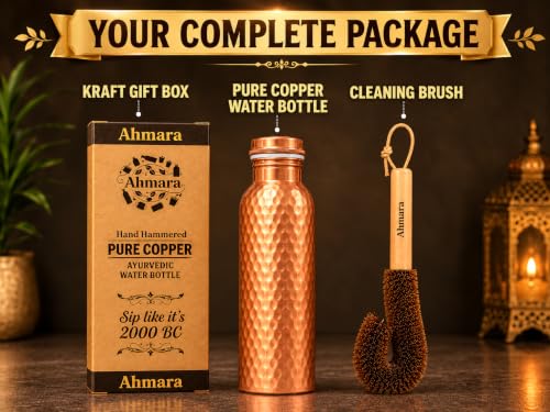 Pure Copper Water Bottle, 34 Oz (1 Litre), Travel Friendly, Hammered