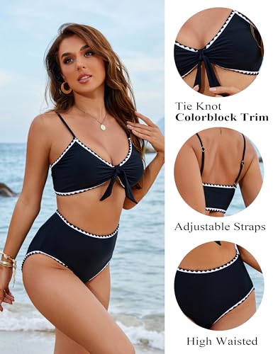 Blooming Jelly Women's High Waist Tie Bikini Set - Large Black Swimsuit