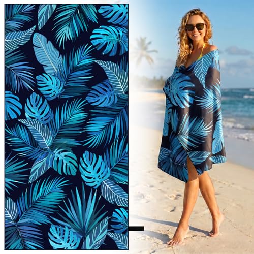 Oversized Microfiber Beach Towel - Blue Black Palm Leaf, 71"x35"