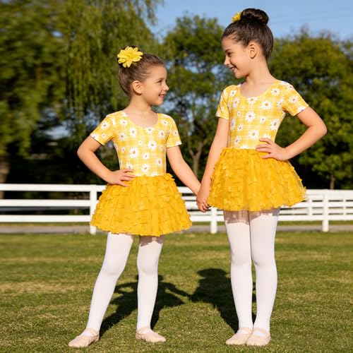 Dance Leotard for Girls with Skirt - Toddler Ballerina Outfit, Yellow Flower, 5T