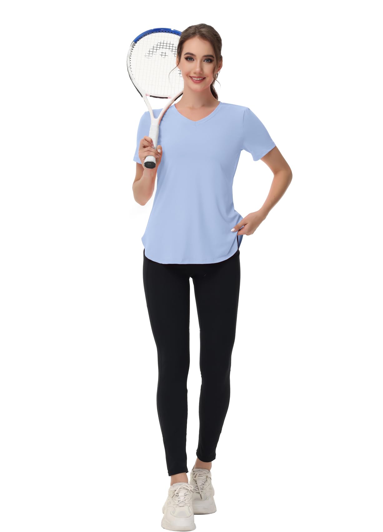 Kaleforneo Workout Tops for Women Short Sleeve T Shirts Moisture Wicking Yoga Gym Running Hiking V Neck Athletic Tee Blue L
