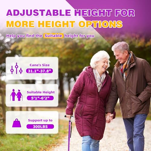 BeneCane Folding Quad Walking Cane with 2 LED Lights, Purple, Adjustable 31.1–37.8 in