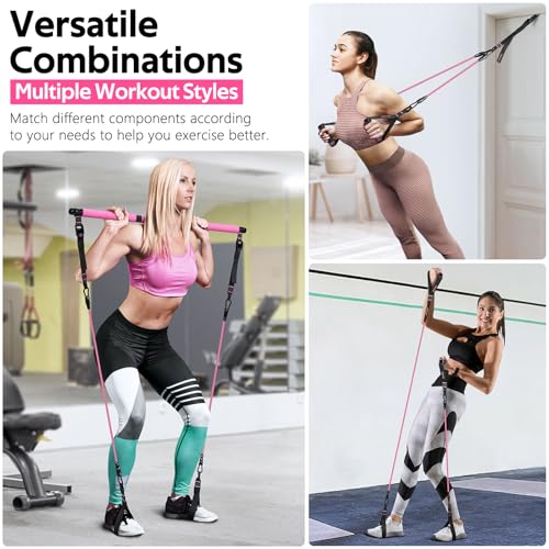 Pilates Bar Kit with 6 Resistance Bands - Adjustable, Pink