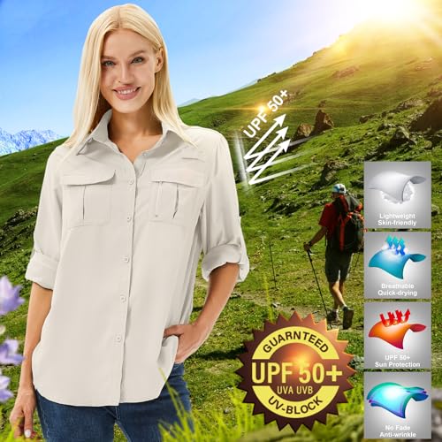 Toumett Women's UPF 50 Sun Protection Long Sleeve Hiking & Fishing Shirt - Light Khaki, Medium