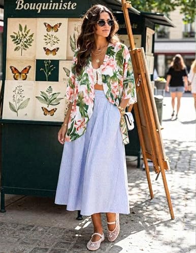 BB&KK Women's X-Large White/Leaf Chiffon Kimono - Loose Open Front Cover Up