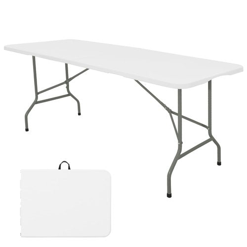 HAISIWLKJ Folding Table 8 FT Camping Table Portable Heavy Duty Plastic Rectangular Outdoor Dining Table Steel Legs Fold-in-Half with Carrying Handle for Indoor,Picnic,Party,Wedding,Events(White)