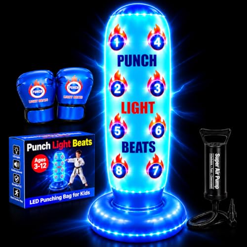 Kids Punch Light Beats Boxing Set with LED Lights Gloves & Pump – Inflatable Freestanding Bag, Birthday Gift for Boys & Girls 3-12