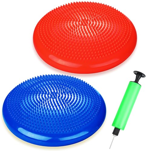 Wobble Cushion Set - 2 Inflatable Balance Discs with Pump - Blue & Red