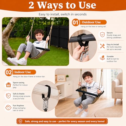 Kids Indoor & Outdoor Hand-Made Khaki Net Swing Seat with Adjustable Rope - Child Playground Swing