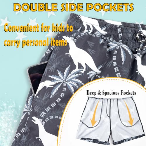 Boys Swim Trunks with Liner - Quick Dry Two Layer Swimsuit, 11-12 Years / Black Dinosaur