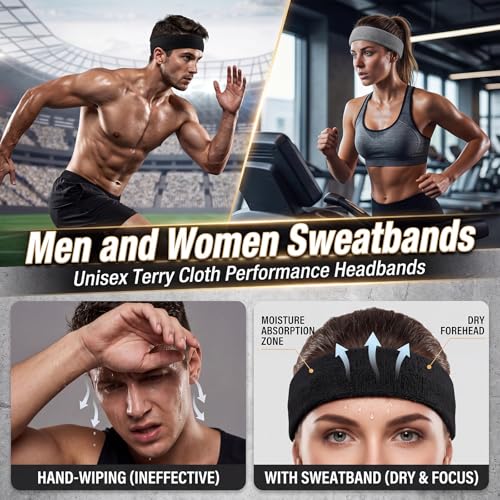 5-Pack Sweatbands - Terry Cotton Headbands for Running, Gym - 2 Black, 2 Gray, 1 White