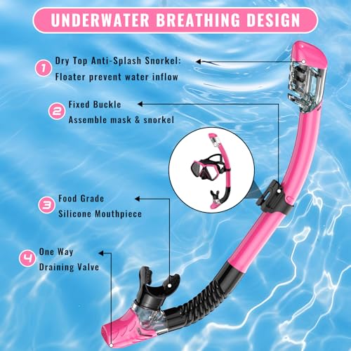 Snorkeling Gear Set for Adults - Dry-Top Snorkel & Mask - Black+Pink