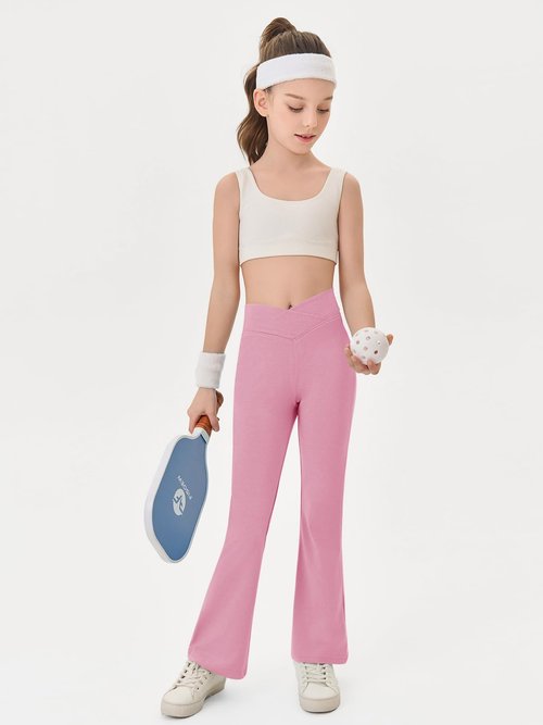 Haloumoning Girls Crossover High Waisted Flare Pants Kids Bootcut Leggings Full Length Bell Bottoms 5-14 Years Pink