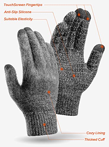 Merino Wool Winter Gloves - Black Grey, Large - Touchscreen, Non-Slip