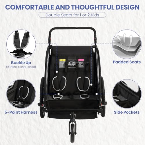 Kids Bike Trailer with Canopy & Pushcart - Black, 2-in-1 Design
