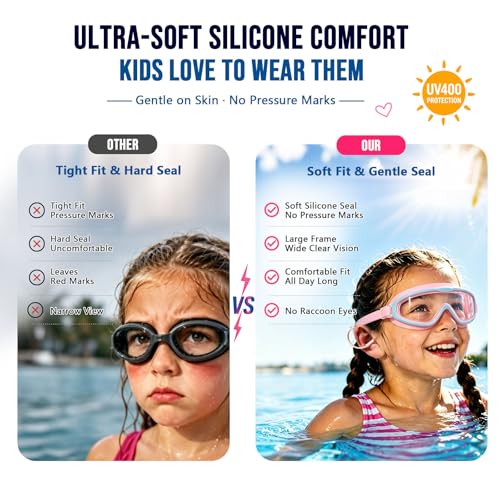 Kids Anti-Fog Swim Goggles 2-Pack for Girls & Boys, Hot Pink & Blue, Age 3-16