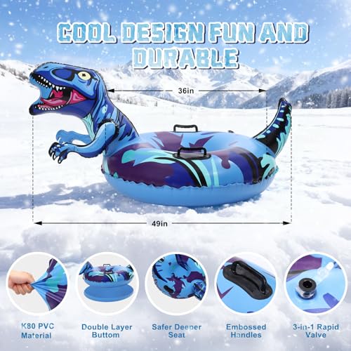 Dinosaur Snow Tube - Inflatable Sled for Kids & Adults - Blue