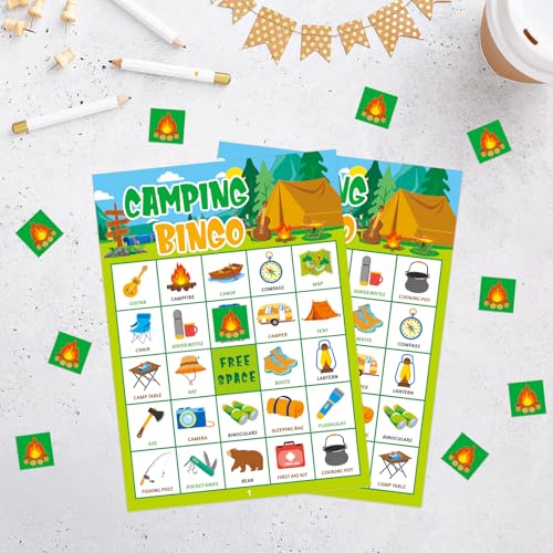 Camping Bingo Game for Kids - 24 Player Set with Calling Cards and Chips