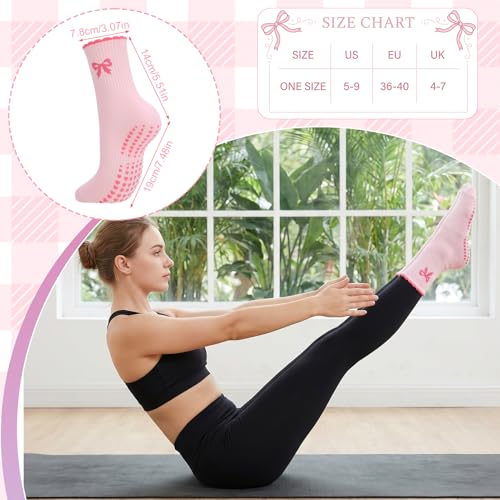 Cute Pilates Socks with Grips for Women - 4 Pairs Pink Yellow Bow