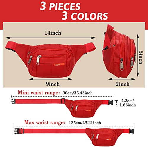 Reginary 3 Pack Fanny Pack Belt Bags for Travel Waterproof Waist Pouch (Black, Red, Gray)
