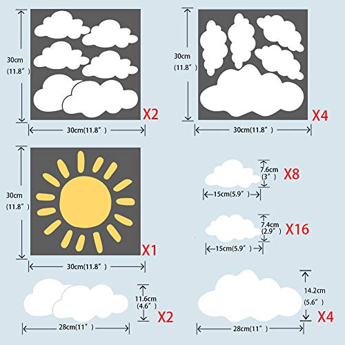 Sun and 30PCS White Clouds Removable Vinyl Wall Decals Peel and Stick Wallpaper Stickers for Nursery Bedroom Living Room