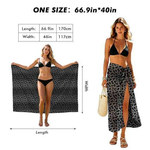 Sheer Beach Sarong Wrap - Black Grey Leopard Print