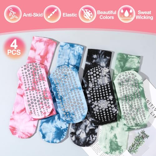 Non-Slip Grippy Pilates Socks for Women - 4 Pairs, One Size, Black+Blue+Pink+Orange