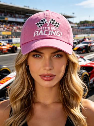 Pink Let's Go Racing Embroidered Cotton Baseball Cap for Men Women - One Size