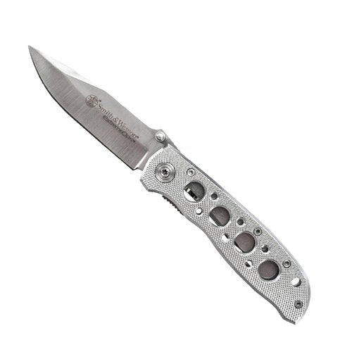 Smith & Wesson Extreme Ops CK105H 7.3in S.S. Folding Knife with 3.2in Drop Point Blade and Aluminum Handle for Outdoor, Tactical, Survival and EDC,Silver