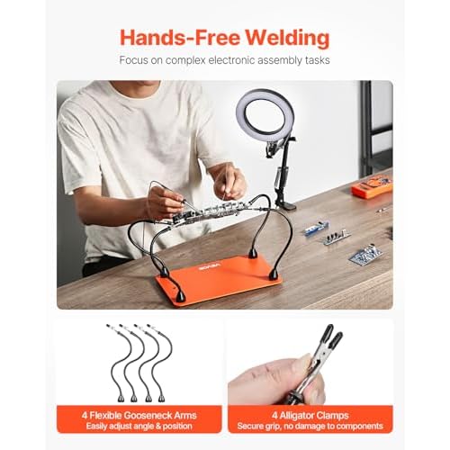 VEVOR Magnetic Helping Hands Soldering Station, 4 Flexible Arms Third Hand Tool with 3X LED Magnifying Lamp & Non-Slip Heavy-Duty Base, Soldering Helping Hands for Electronic Repair Craft Hobby DIY