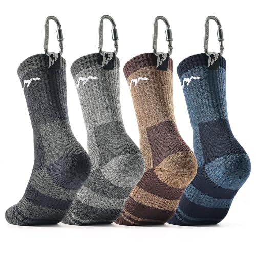 Jeasona Merino Wool Hiking Socks for Men & Women - Large-X-Large, 4 Pairs with Carabiners