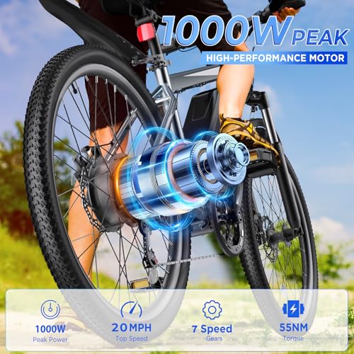 Electric Mountain Bike for Adults - 26" 1000W Motor, 50 Miles Range, Grey