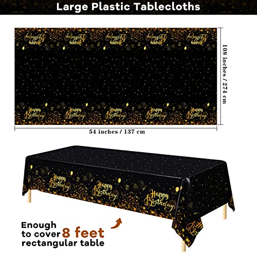 Happy Birthday Tablecloths - Black Gold Plastic, 2 Pack, 54 x 108 Inch
