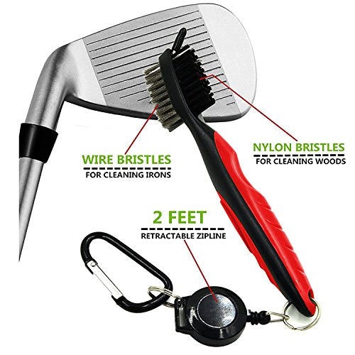 Golf Club Brush Cleaner with 2 Ft Retractable Zip-line - Black+Black