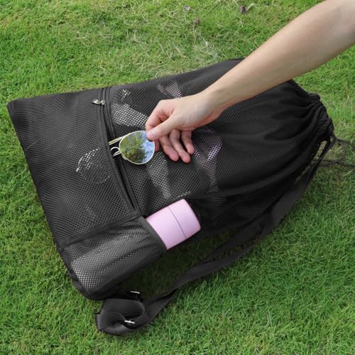 Large Mesh Swim Beach Bag - Drawstring Gym Bag - Black