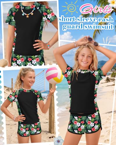 Girls Rash Guard Swimsuit 2-Piece Set Black Green 9-10 Years