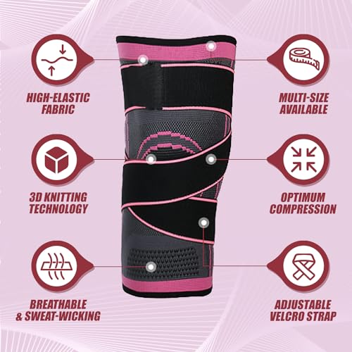Knee Compression Brace for Women - Adjustable Sleeve with Strap, Medium Pink
