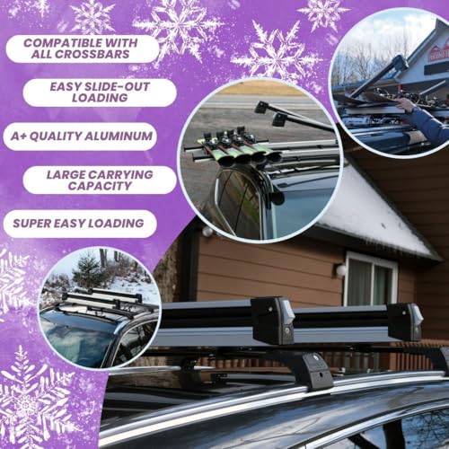 Universal Ski Rack for Car Roof - Holds 6 Pairs of Skis or 4 Snowboards - Silver